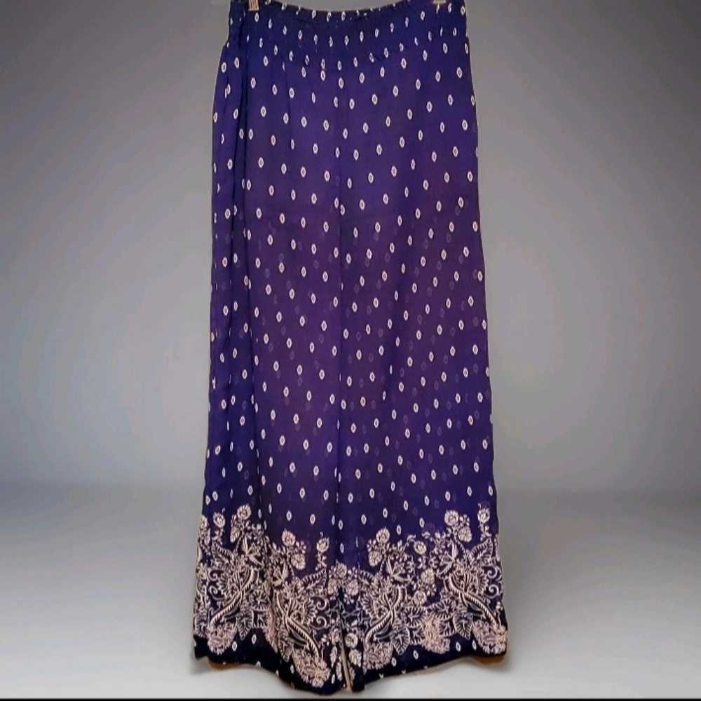 Soulmates Dark Blue & White Sheer Wide Leg Pants With Built In Shorts Sz Large - Picture 4 of 5
